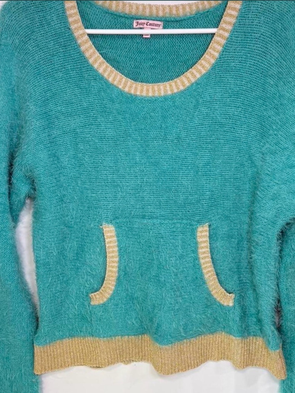 Juicy Couture Teal Crewneck Sweater with Gold Trim Accents